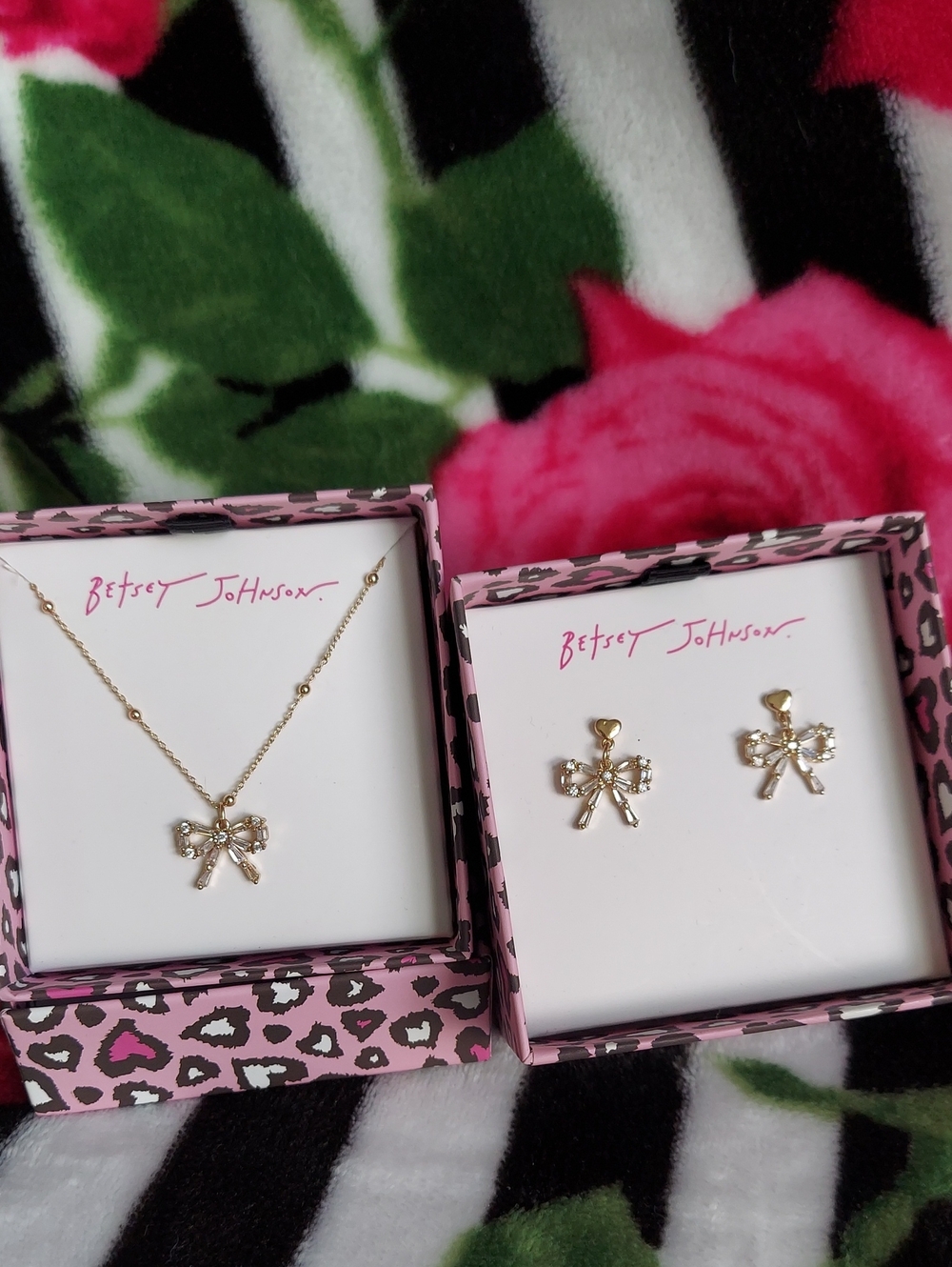 Betsey Johnson Gold-tone Bow Necklace and Stud Earrings Set with Clear Stones